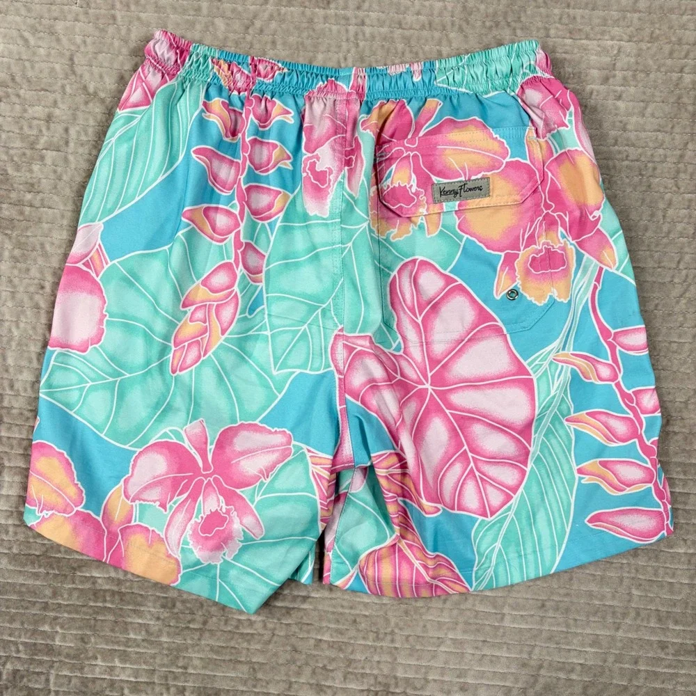 Kenny Flowers Mens Tropical Floral Swim Trunks Blue Pink Large Board Shorts